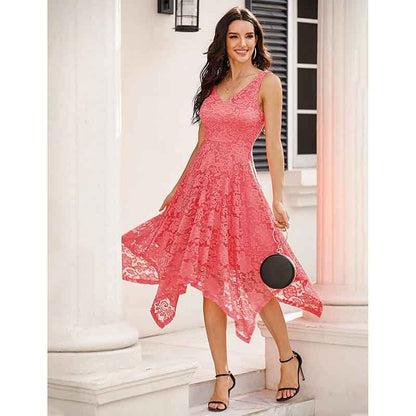 Women's Vintage Floral Lace Dress Asymmetrical Cocktail Formal Bridesmaid Dress