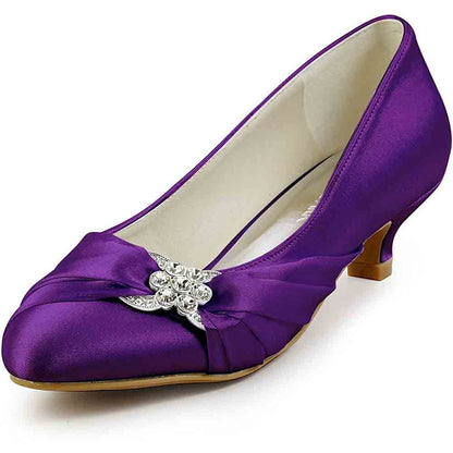 Women Closed Toe Comfort Heel Rhinestone Satin Wedding Bridal Shoes