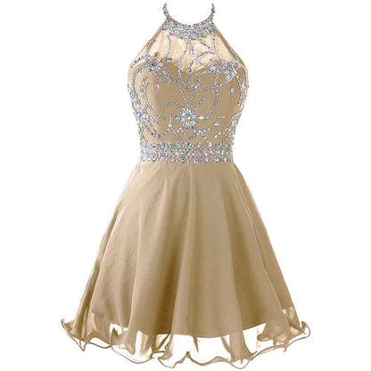 Women's Beaded Halter Homecoming Dress Short Tulle Prom Dress