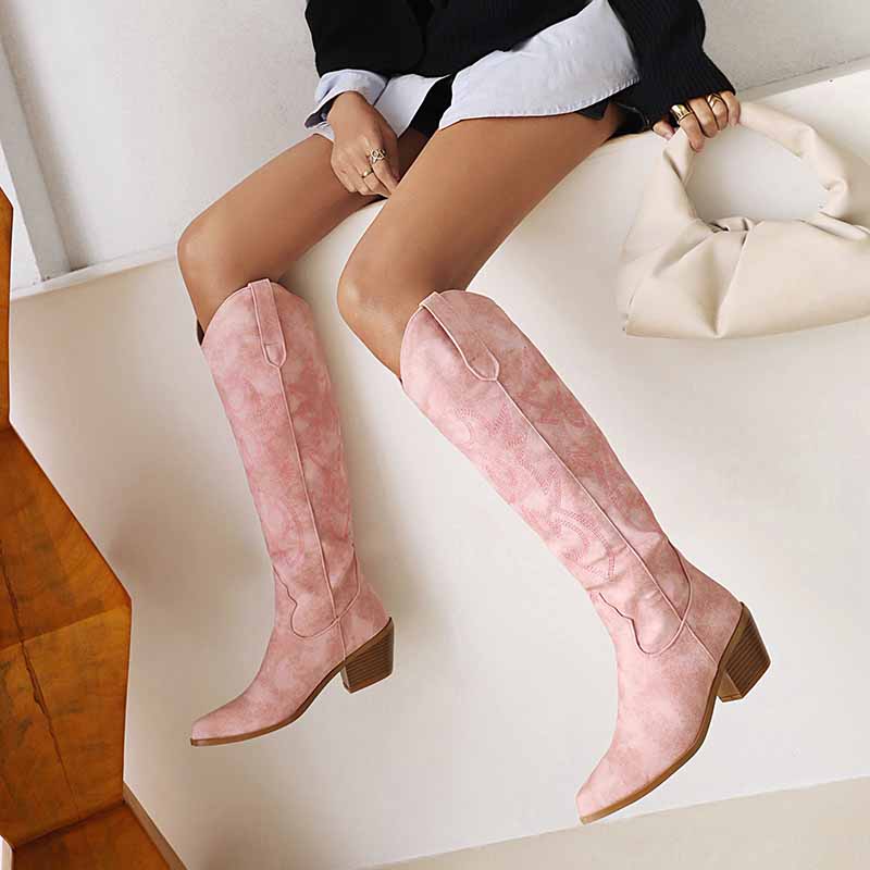 Women Embroidered Square Toe Pull-On Cowgirl Knee High Western Boots
