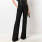 Women Hight Waisted Formal Pants Gold-tone Buttons Flare Trousers