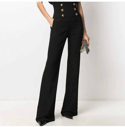 Women Hight Waisted Formal Pants Gold-tone Buttons Flare Trousers