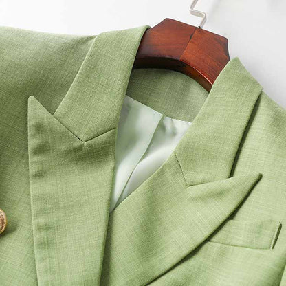 Women's Sage Green Textured Luxury Fitted Double Breasted Blazer with Lion Buttons - SLIM FIT