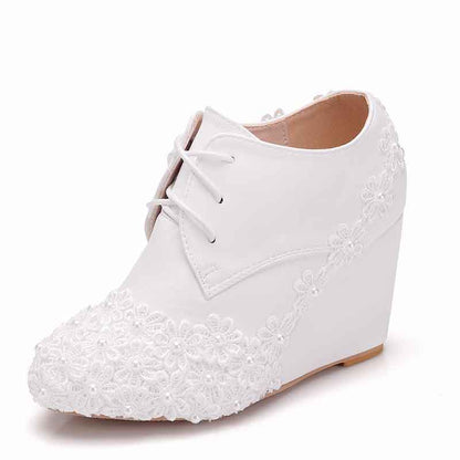 Wedding Platform Wedges Shoes Round Toe Lace Up Pumps Bridal Shoes