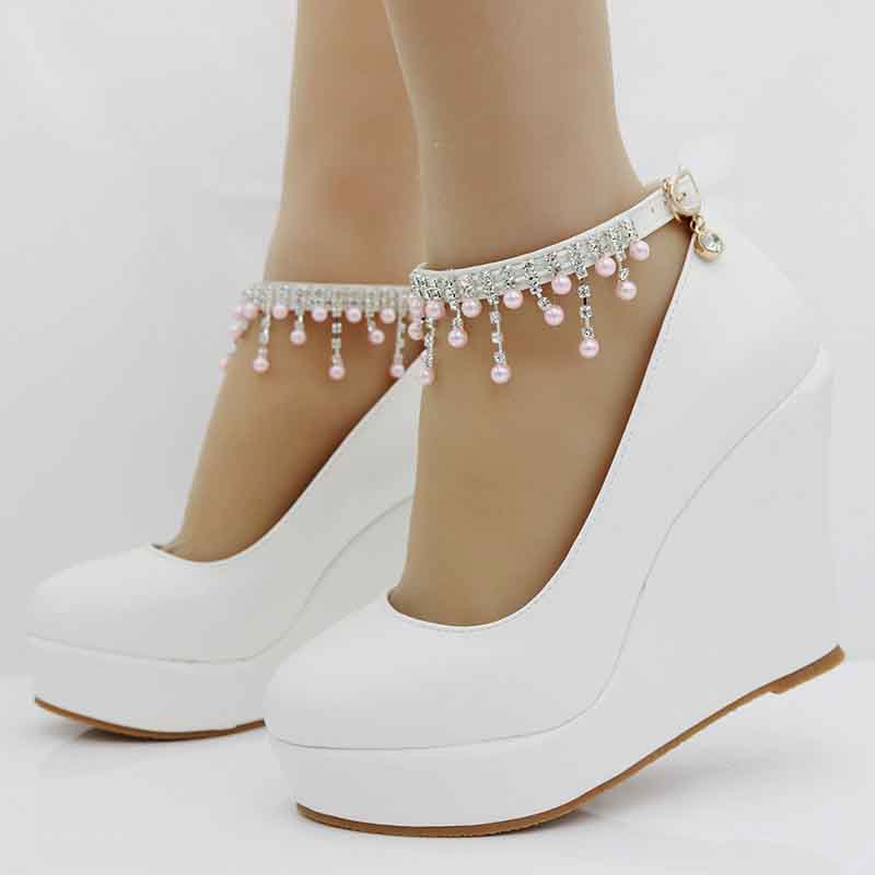 White Bridal Wedding Shoes Platform Wedges Pumps Round Toe Platform Heels