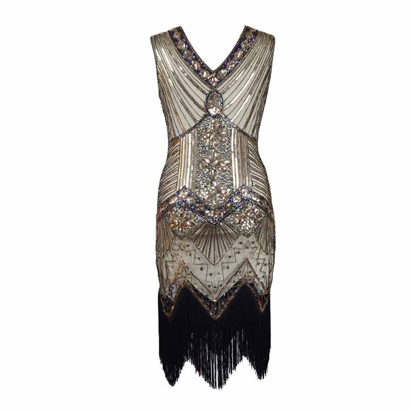 Women's Flapper Dresses 1920s V Neck Beaded Fringed Great Gatsby Dress