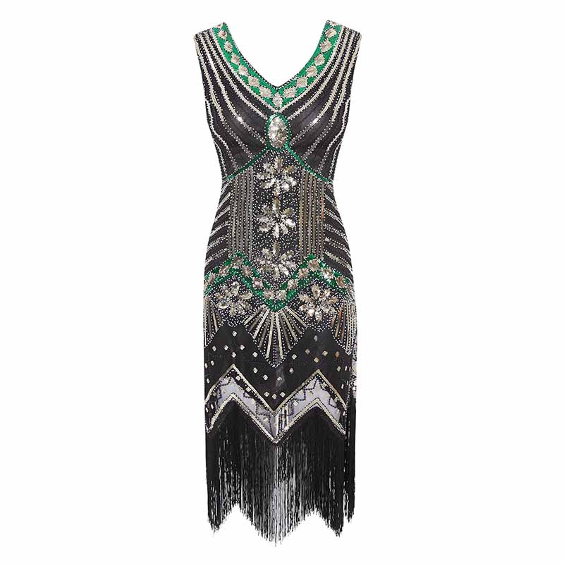 Women's Flapper Dresses 1920s V Neck Beaded Fringed Great Gatsby Dress