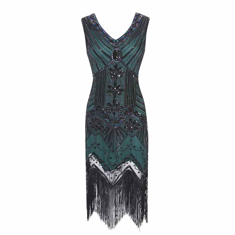 Women's Flapper Dresses 1920s V Neck Beaded Fringed Great Gatsby Dress