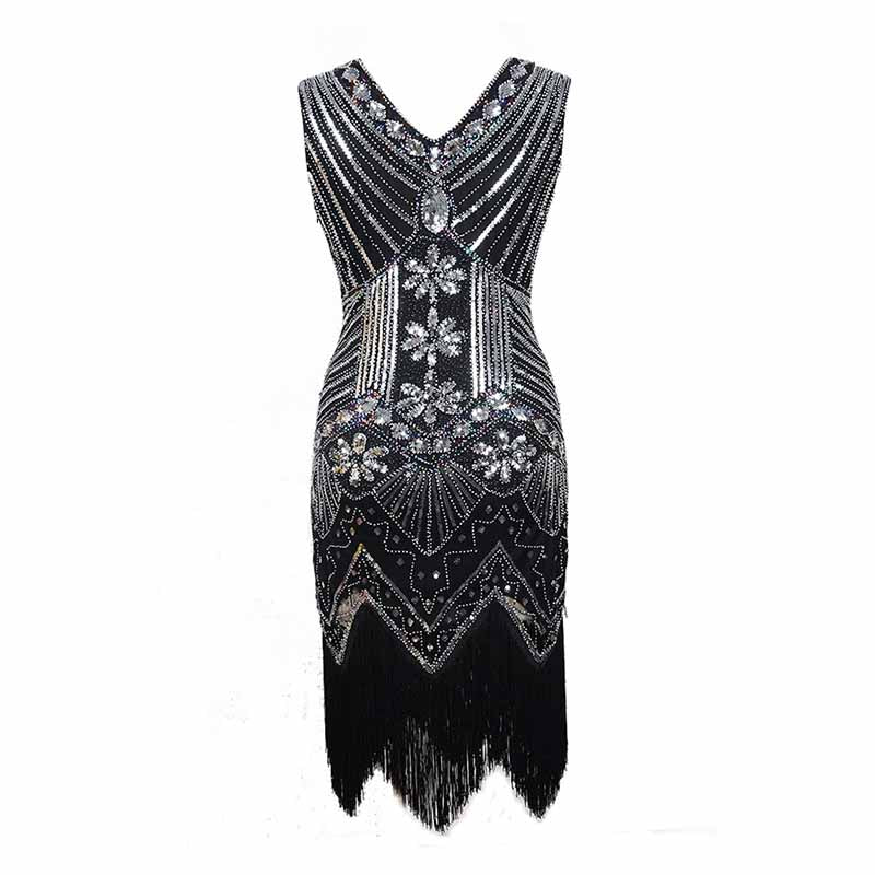 Women's Flapper Dresses 1920s V Neck Beaded Fringed Great Gatsby Dress