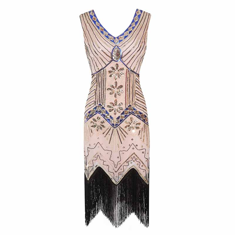 Women's Flapper Dresses 1920s V Neck Beaded Fringed Great Gatsby Dress