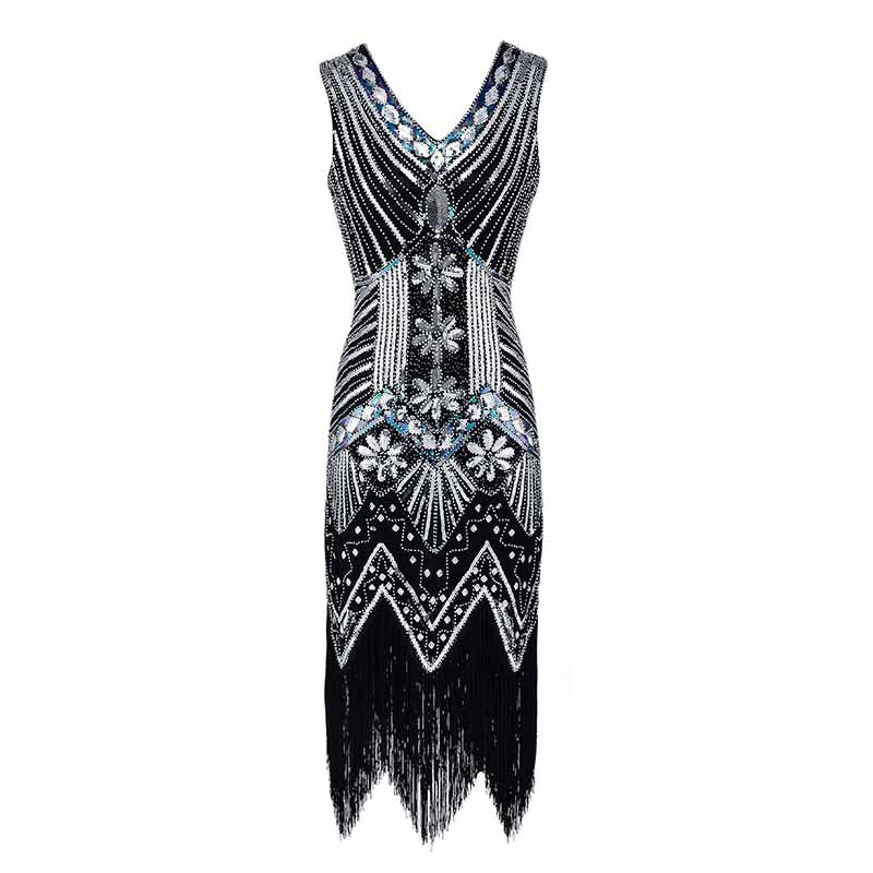 Women's Flapper Dresses 1920s V Neck Beaded Fringed Great Gatsby Dress