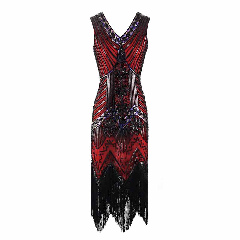 Women's Flapper Dresses 1920s V Neck Beaded Fringed Great Gatsby Dress