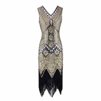 Women's Flapper Dresses 1920s V Neck Beaded Fringed Great Gatsby Dress