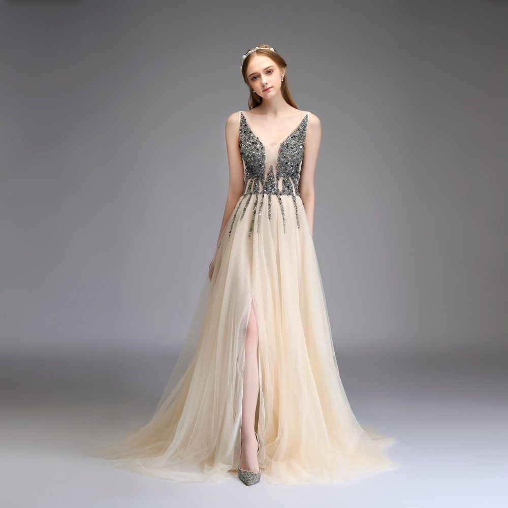 sd-hk Women Long Prom Gowns V Neck Sleeveless Evening Maxi Dress