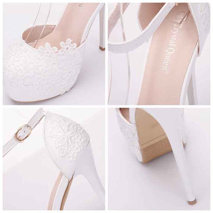 Women's Strappy White Wedding Pumps Lace Bridal Shoes