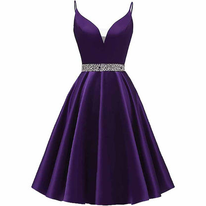Girls Spaghetti Short Satin Prom Dress V-Neck Beaded Homecoming Evening Party Gowns