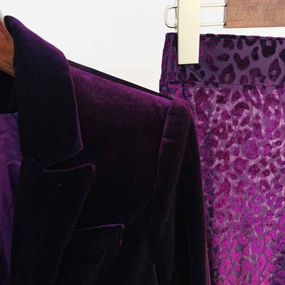 Women Velvet Dark Purple Blazer Pantsuit + Flare Trousers Suit