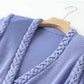 Women Lavender Button-up Knitted Minidress V Neck Mini ribbed-knit Dress