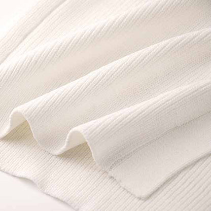 Women White Button-up Knitted Dress V Neck Long Sleeves ribbed-knit Dress