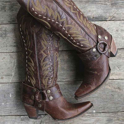 Women's Floral Embroidered Western Boots Knee High Cowboy Boots