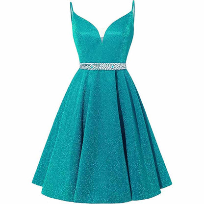 Girls Spaghetti Short Satin Prom Dress V-Neck Beaded Homecoming Evening Party Gowns