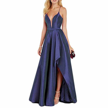 Women's Sexy Satin Deep V Neck Backless Hi Lo Prom Party Evening Dress