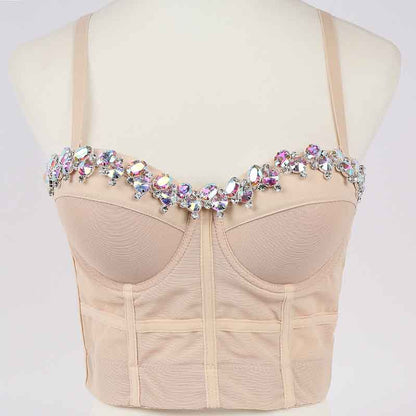 Womens Crop Tops Spaghetti Straps Beaded Push Up Corset Bra Party Top
