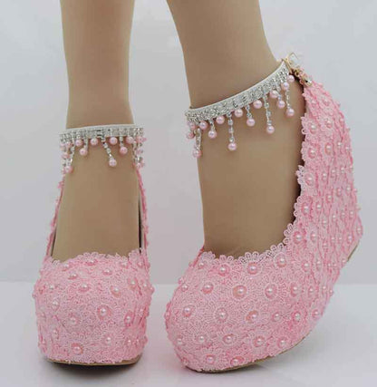 Women Wedding Platform Wedges Shoes Stick Lace Flowers Bride Pumps