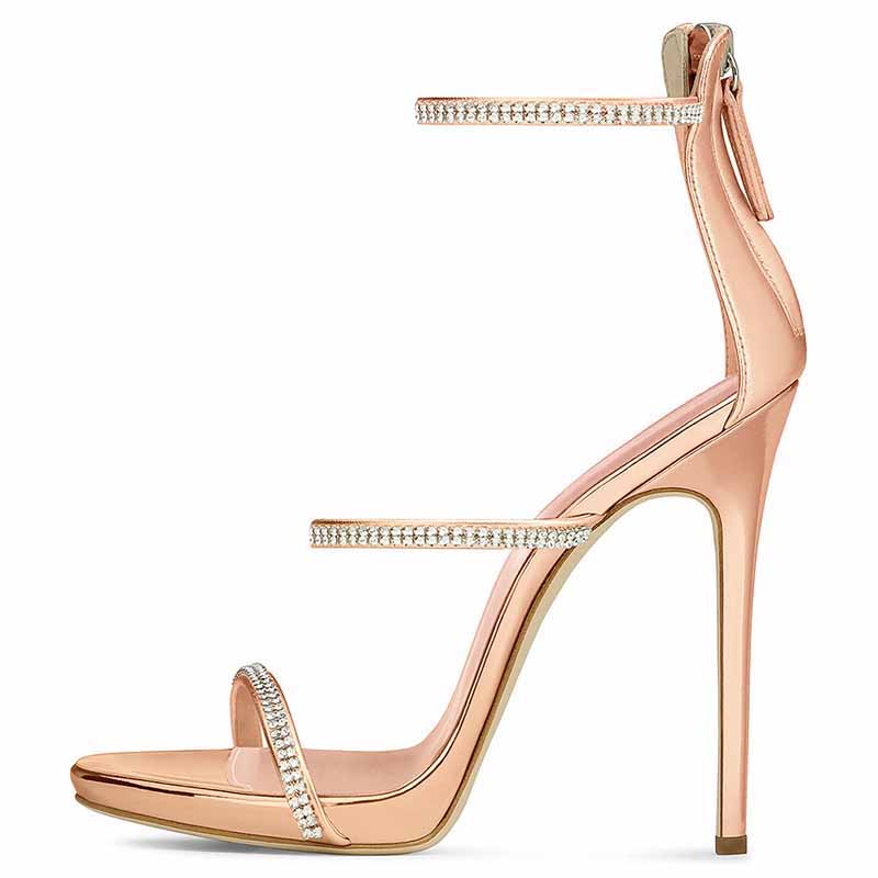 Women's Strappy Pointy Open Toe Ankle Strap Rhinestone Stiletto