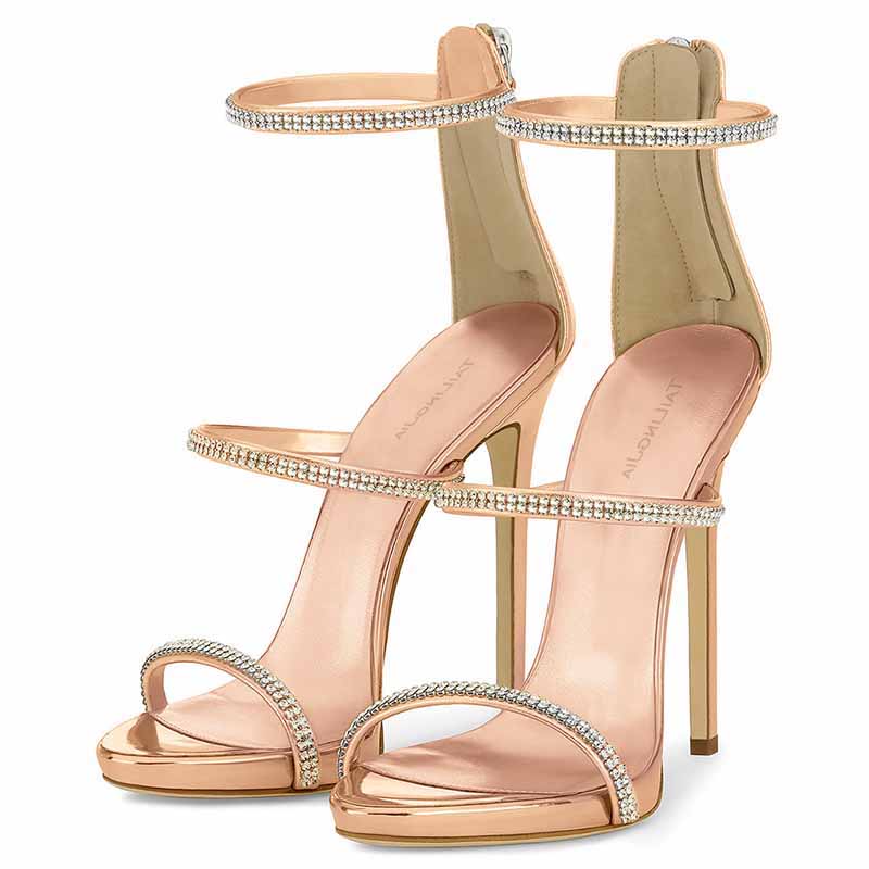 Women's Strappy Pointy Open Toe Ankle Strap Rhinestone Stiletto