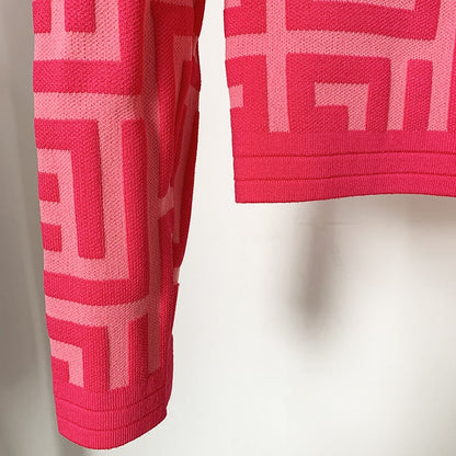 Women Maze Cardigan Suit + Trousers Two Piece Pink Sweater Suit