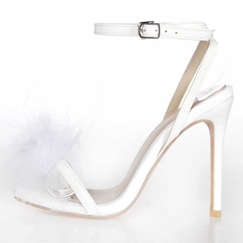 White Fluffy Wedding Shoes High Heeled Sandals for a Lady to Wear to a Summer Party