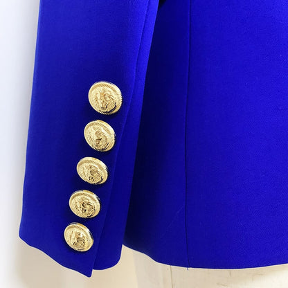 Women's Fitted Gold Lion Buttons Fitted Jacket Royal Blue Blazer