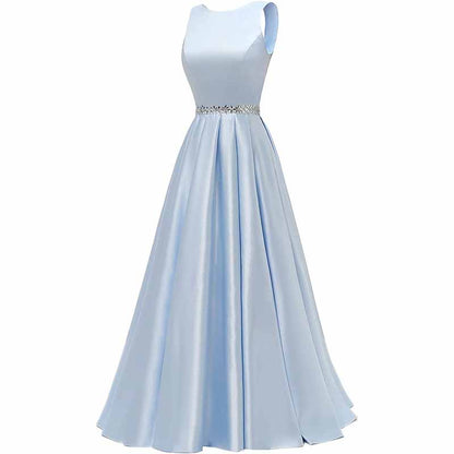 Women Long Prom Dress Satin A-Line with Beaded Belt Formal Evening Gown