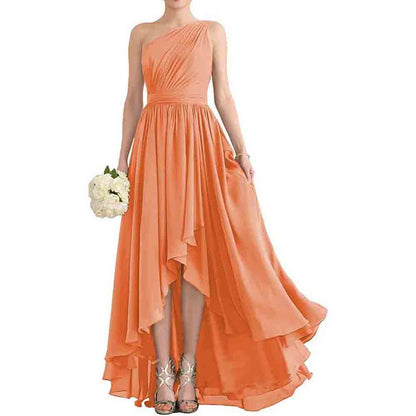 Women's One Shoulder Bridesmaid Dresses High Low Chiffon Evening Formal Gown with Pockets