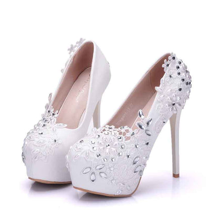 Women Round Toe Lace Wedding Heels Platform Bridal Pump