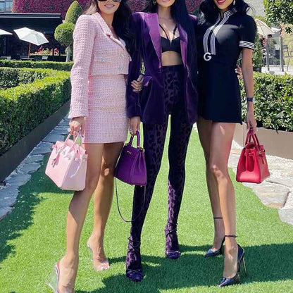 Women Velvet Dark Purple Blazer Pantsuit + Flare Trousers Suit