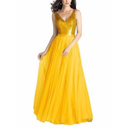 Sequin Evening Gowns V Neck Sleeveless Ball Prom Party Dress