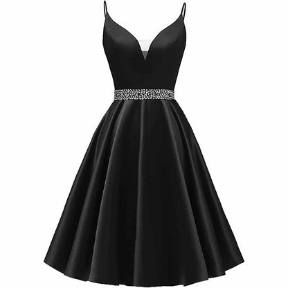 Girls Spaghetti Short Satin Prom Dress V-Neck Beaded Homecoming Evening Party Gowns