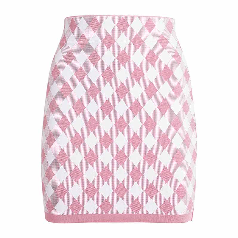 Women Pink Houndstooth Check Skirt Tweed Skirt Stretchy High Waisted Short Skirt