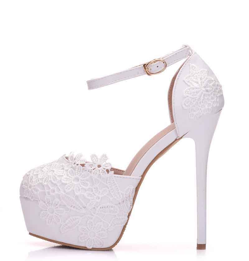 Women's Strappy White Wedding Pumps Lace Bridal Shoes