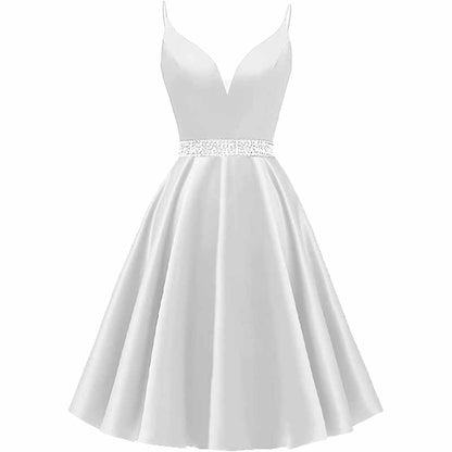 Girls Spaghetti Short Satin Prom Dress V-Neck Beaded Homecoming Evening Party Gowns