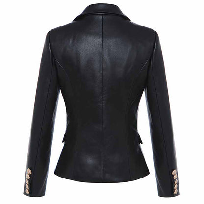 Women Double Breasted Short PU Leather Jacket Slim Fitted Blazer