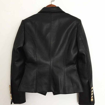 Women Double Breasted Short PU Leather Jacket Slim Fitted Blazer
