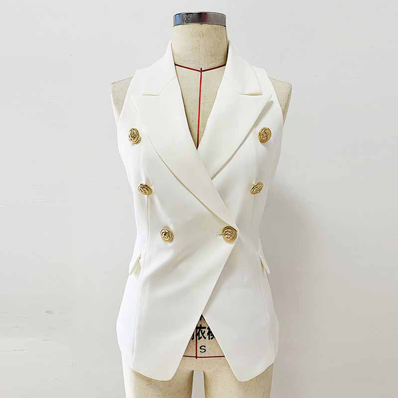 Womens White Sleeveless Button Collar Coat V Neck Button Down Top Jacket