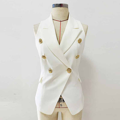 Womens White Sleeveless Button Collar Coat V Neck Button Down Top Jacket