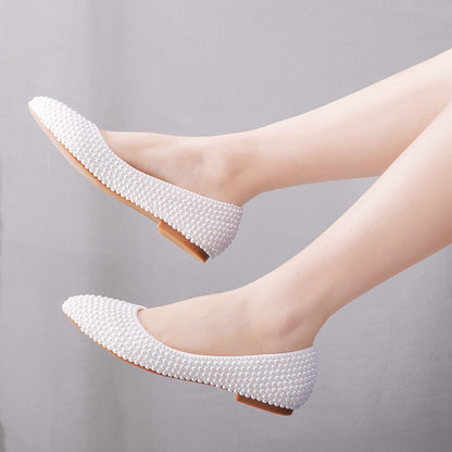 Pearls Flat Wedding Bridal Shoes Pointed Toe Shoes Kitten Heel