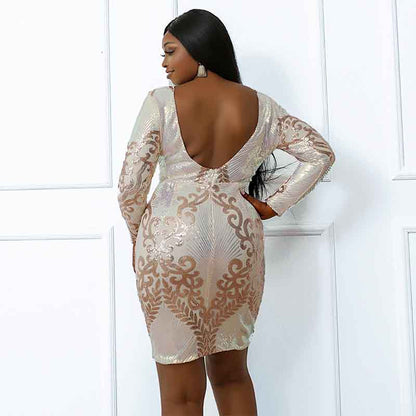 Women's Plus Size Long Sleeve Sexy Mini Dress Bodycon Sequin Cocktail Dress