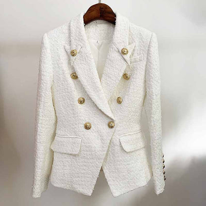 Women's Luxury Double breasts Fitted Tweed Blazer Golden Lion Buttons White
