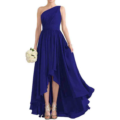 Women's One Shoulder Bridesmaid Dresses High Low Chiffon Evening Formal Gown with Pockets